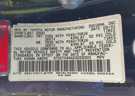 2002 Toyota Sequoia Sr5 V8 z USA, uszkodzony, nr VIN 5TDZT34AX2S059303